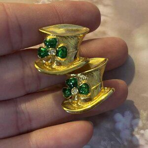 New Gold Top Hat Clip-On Earrings with Green & White Gemstones